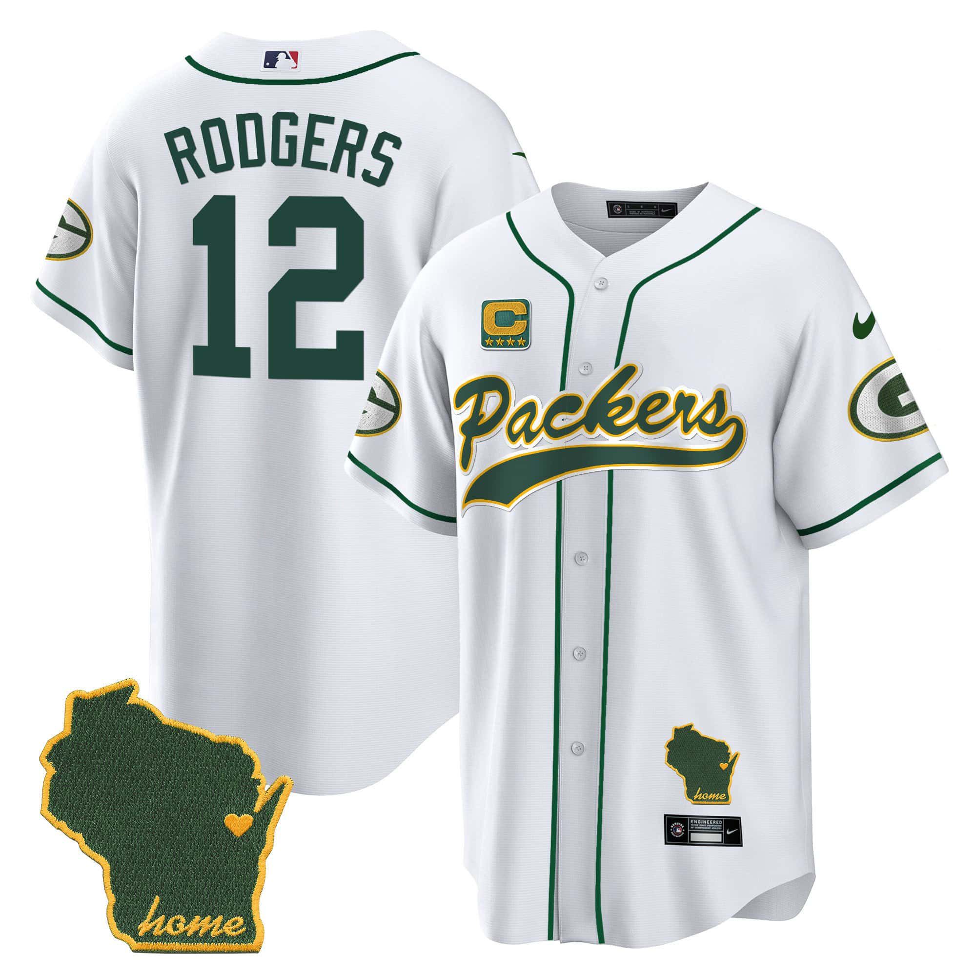 Men Green Bay Packers 12 Rodgers White 2024 Nike Home Patch Baseball NFL Jersey